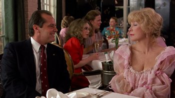 Movie still from “Terms of Endearment” (1983), directed by James L. Brooks – A group of people sitting at a table in a restaurant; Medium shot, Over the shoulder angle