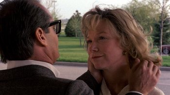 Movie still from “Terms of Endearment” (1983), directed by James L. Brooks – An older man and a younger woman looking at each other; Close Up shot, Over the shoulder angle