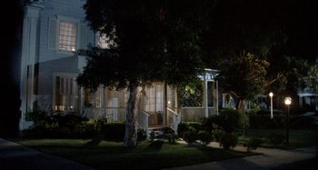 Movie still from “The 'Burbs” (1989), directed by Joe Dante – A house with a porch and a tree in front of it at night time; Extreme Wide shot, High angle