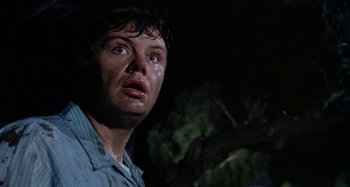 Movie still from “The 'Burbs” (1989), directed by Joe Dante – A person with his eyes closed; Close Up shot, Low angle