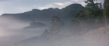 Movie still from “The 13th Warrior” (1999), directed by Michael Crichton – A foggy mountain view with trees in the foreground; Extreme Wide shot, Low angle