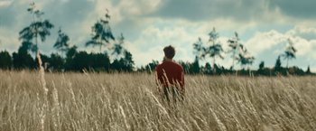 Movie still from “Out Stealing Horses” (2019), directed by Hans Petter Moland – A man standing in a field of tall brown grass; Extreme Wide shot, Low angle
