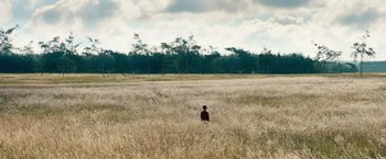 Movie still from “Out Stealing Horses” (2019), directed by Hans Petter Moland – A person standing in the middle of an open field; Extreme Wide shot, High angle