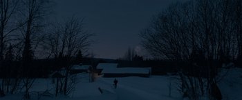 Movie still from “Out Stealing Horses” (2019), directed by Hans Petter Moland – A person is walking in the snow at night; Extreme Wide shot, Over the shoulder angle