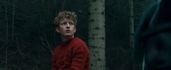Movie still from “Out Stealing Horses” (2019), directed by Hans Petter Moland – A young man in a red sweater is sitting in front of a tree; Medium shot, Low angle