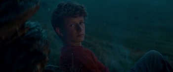 Movie still from “Out Stealing Horses” (2019), directed by Hans Petter Moland – A young man sitting in the grass at night; Close Up shot, Low angle