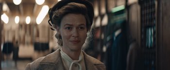 Movie still from “Out Stealing Horses” (2019), directed by Hans Petter Moland – A person wearing a coat and hat; Close Up shot, Over the shoulder angle