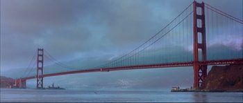 Movie still from “The Abyss” (1989), directed by James Cameron – A bridge that is over a body of water; Extreme Wide shot, Low angle