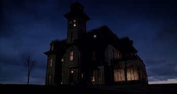 Movie still from “The Addams Family” (1991), directed by Barry Sonnenfeld – A large building lit up at night with windows; Extreme Wide shot, Low angle
