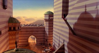 Movie still from “The Adventures of Baron Munchausen” (1988), directed by Terry Gilliam – An image of an animated scene of a castle in the desert; Extreme Wide shot, High angle