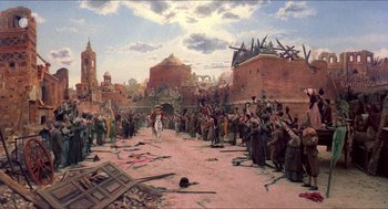 Movie still from “The Adventures of Baron Munchausen” (1988), directed by Terry Gilliam – A painting of a crowd of people gathered in a town square; Extreme Wide shot, Low angle