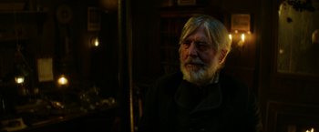 Movie still from “The Aeronauts” (2019), directed by Tom Harper – An old man with a long white beard; Close Up shot, Over the shoulder angle