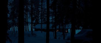 Movie still from “The American” (2010), directed by Anton Corbijn – A cabin in the woods is lit up at night; Extreme Wide shot, High angle