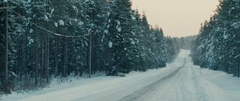Movie still from “The American” (2010), directed by Anton Corbijn – A road with a lot of trees in the snow; Extreme Wide shot, High angle