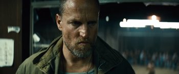 Movie still from “Out of the Furnace” (2013), directed by Scott Cooper – A person with a beard; Close Up shot, Low angle