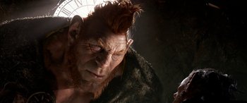 Movie still from “The BFG” (2016), directed by Steven Spielberg – A man with a red beard; Close Up shot, Low angle