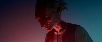 Movie still from “The BFG” (2016), directed by Steven Spielberg – An old man with long white hair and blue eyes; Close Up shot, Low angle