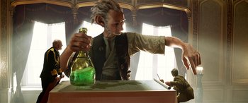 Movie still from “The BFG” (2016), directed by Steven Spielberg – An old man holding a bottle of green liquid; Medium shot, Low angle