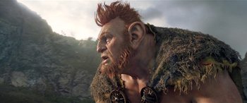 Movie still from “The BFG” (2016), directed by Steven Spielberg – A person with a beard; Close Up shot, Low angle