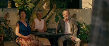 Movie still from “The Best Exotic Marigold Hotel” (2011), directed by John Madden – An older man and woman sitting at an outdoor table; Medium shot, High angle