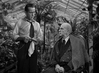 Movie still from “The Big Sleep” (1946), directed by Howard Hawks – A man and a man sitting in a greenhouse; Medium shot, Over the shoulder angle