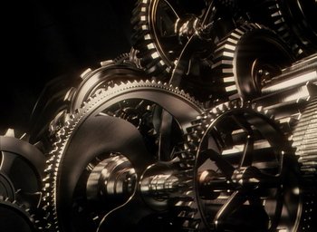 Movie still from “The Blair Witch Project” (1999), directed by Eduardo Sánchez – View of a bunch of metal gears; Extreme Close Up shot, Overhead angle