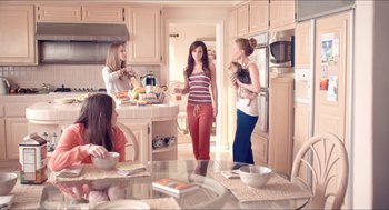 Movie still from “The Bling Ring” (2013), directed by Sofia Coppola – A group of women standing around a kitchen table; Wide shot, Over the shoulder angle