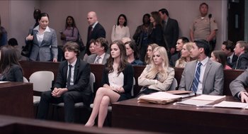 Movie still from “The Bling Ring” (2013), directed by Sofia Coppola – A group of young people sitting in a courtroom; Medium shot, Over the shoulder angle