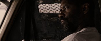 Movie still from “The Book of Eli” (2010), directed by Allen Hughes – A person with a beard; Close Up shot, Over the shoulder angle