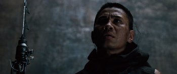 Movie still from “Pandorum” (2009), directed by Christian Alvart – A person looking up; Close Up shot, Low angle