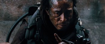 Movie still from “Pandorum” (2009), directed by Christian Alvart – A person wearing a helmet; Close Up shot, High angle