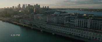 Movie still from “Patriots Day” (2016), directed by Peter Berg – An aerial view of a pier and a city; Extreme Wide shot, High angle