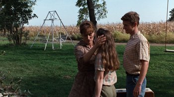 Movie still from “The Bridges of Madison County” (1995), directed by Clint Eastwood – Two men and a woman standing in the grass; Medium shot, Over the shoulder angle