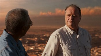 Movie still from “The Bucket List” (2007), directed by Rob Reiner – Two older men standing next to each other on top of a hill; Close Up shot, Over the shoulder angle