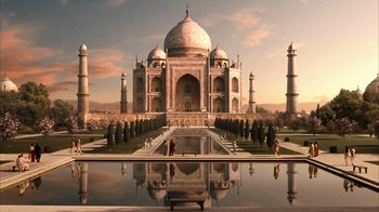 Movie still from “The Bucket List” (2007), directed by Rob Reiner – The taj mahal in india is reflected in a pool of water; Extreme Wide shot, Low angle