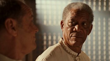 Movie still from “The Bucket List” (2007), directed by Rob Reiner – A man in a white shirt is looking at another man; Close Up shot, Over the shoulder angle