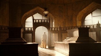 Movie still from “The Bucket List” (2007), directed by Rob Reiner – A man walking down the stairs of a building; Extreme Wide shot, Low angle