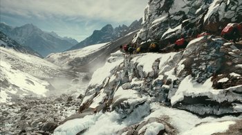 Movie still from “The Bucket List” (2007), directed by Rob Reiner – A group of people on a snowy mountain; Extreme Wide shot, High angle