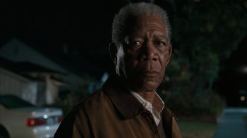 Movie still from “The Bucket List” (2007), directed by Rob Reiner – An older man in a brown jacket is looking at the camera; Close Up shot, Low angle