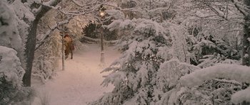 Movie still from “The Chronicles of Narnia: The Lion, the Witch and the Wardrobe” (2005), directed by Andrew Adamson – A person walking in the snow near some trees; Extreme Wide shot, High angle