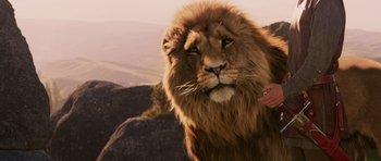 Movie still from “The Chronicles of Narnia: The Lion, the Witch and the Wardrobe” (2005), directed by Andrew Adamson – The face of an adult lion; Close Up shot, Low angle