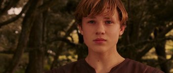 Movie still from “The Chronicles of Narnia: The Lion, the Witch and the Wardrobe” (2005), directed by Andrew Adamson – A person wearing a brown shirt; Close Up shot, Low angle