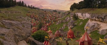 Movie still from “The Chronicles of Narnia: The Lion, the Witch and the Wardrobe” (2005), directed by Andrew Adamson – Many tents in the field that are set up; Extreme Wide shot, High angle