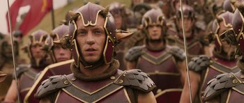 Movie still from “The Chronicles of Narnia: The Lion, the Witch and the Wardrobe” (2005), directed by Andrew Adamson – A group of men in costume are standing in a line; Medium shot, High angle