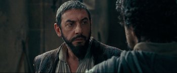 Movie still from “The Chronicles of Narnia: Prince Caspian” (2008), directed by Andrew Adamson – A man with a long beard and a mustache; Close Up shot, Over the shoulder angle