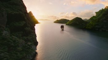 Movie still from “The Chronicles of Narnia: The Voyage of the Dawn Treader” (2010), directed by Michael Apted – A boat traveling down a large body of water; Extreme Wide shot, High angle
