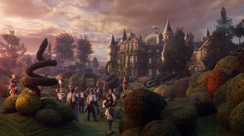 A group of people standing in front of a castle