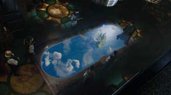 Movie still from “The Chronicles of Narnia: The Voyage of the Dawn Treader” (2010), directed by Michael Apted – A group of people standing around a pool of water; Extreme Wide shot, High angle