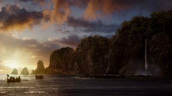 Movie still from “The Chronicles of Narnia: The Voyage of the Dawn Treader” (2010), directed by Michael Apted – A view of a body of water with a boat on it; Extreme Wide shot, High angle