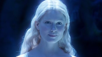 Movie still from “The Chronicles of Narnia: The Voyage of the Dawn Treader” (2010), directed by Michael Apted – A beautiful young woman with long white hair; Close Up shot, Over the shoulder angle